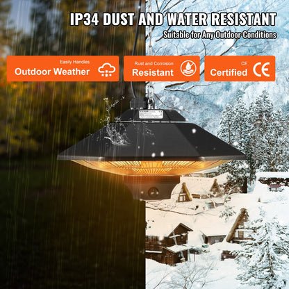 Hanging Patio Heater, 2000W Remote Control Outdoor/Indoor Electric Space Infrared Heater, IP34 Protection Ceiling Heater w/ Pull Cord & Adjustable Chain, for Porch,Patio,Dining Room,Studio