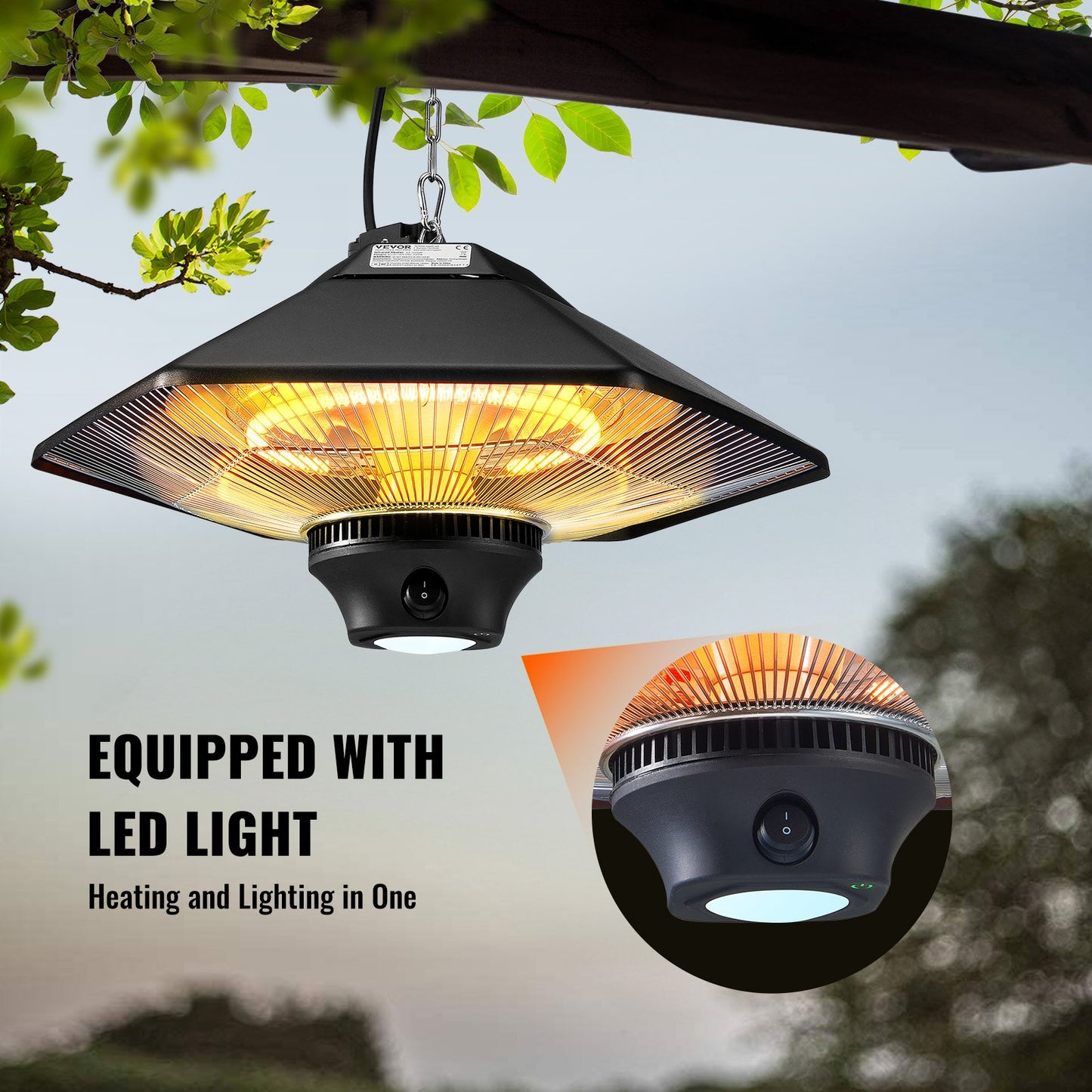 Hanging Patio Heater, 2000W Remote Control Outdoor/Indoor Electric Space Infrared Heater, IP34 Protection Ceiling Heater w/ Pull Cord & Adjustable Chain, for Porch,Patio,Dining Room,Studio