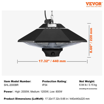 Hanging Patio Heater, 2000W Remote Control Outdoor/Indoor Electric Space Infrared Heater, IP34 Protection Ceiling Heater w/ Pull Cord & Adjustable Chain, for Porch,Patio,Dining Room,Studio