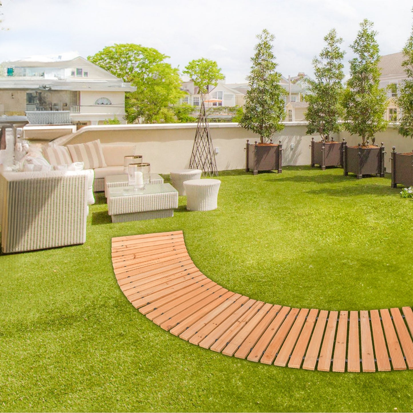 Gartenweg aus Holz, 2,13 m x 43 cm, rutschfester, geschwungener Gartenweg, ausrollbarer Zedernholz-Außenweg mit Drahtseilverbindung, dekorativer Rasenpflasterstein für Gartenpromenade, Hochzeitsfeier