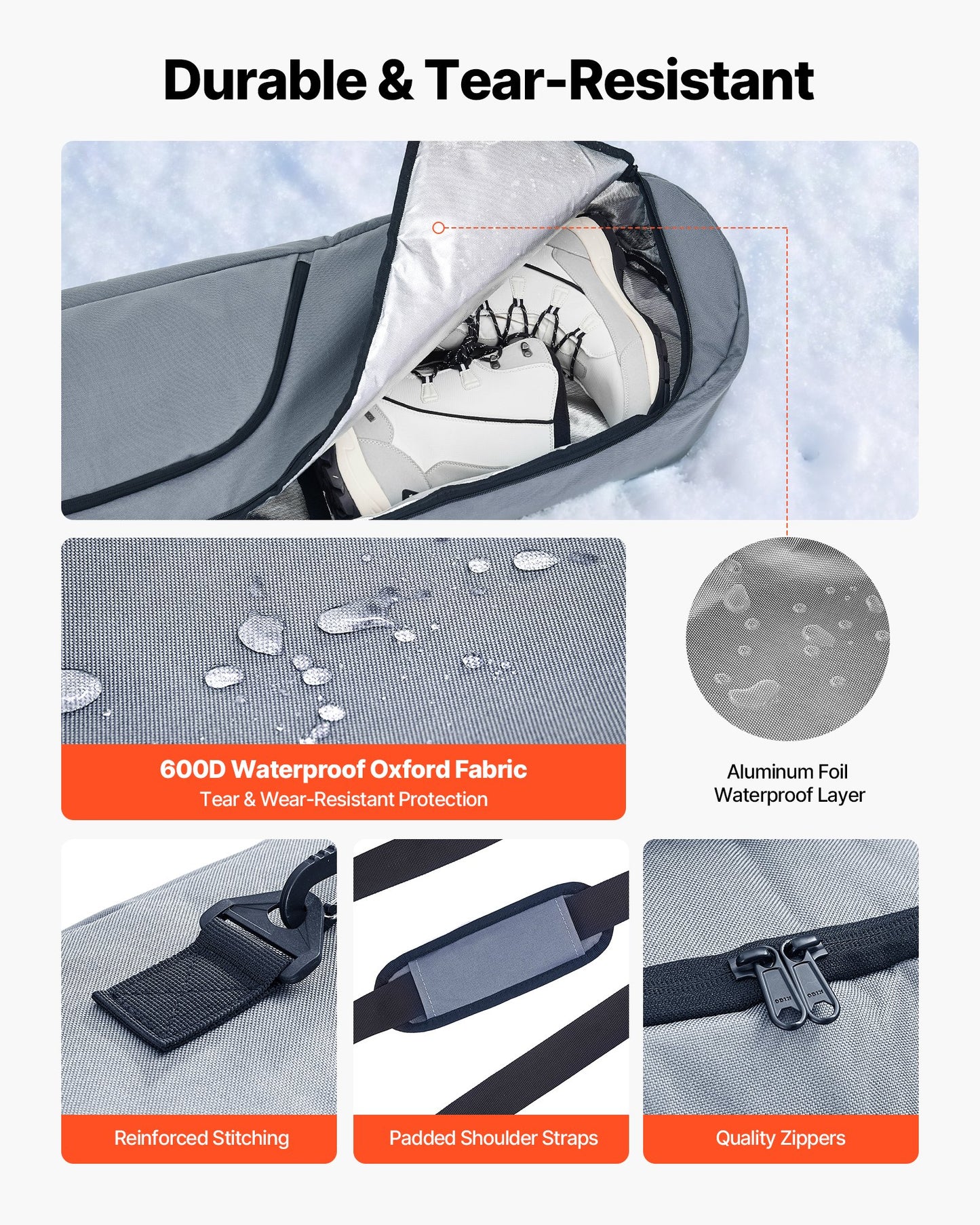 Snowboard Bag, Up to 65 in/165 cm, Padded Skis & Snowboards Bag for Air Travel, 600D Waterproof Oxford Fabric, with Adjustable Inner Straps, for Skis Poles Goggles Gloves Helmet Boots (Gray)