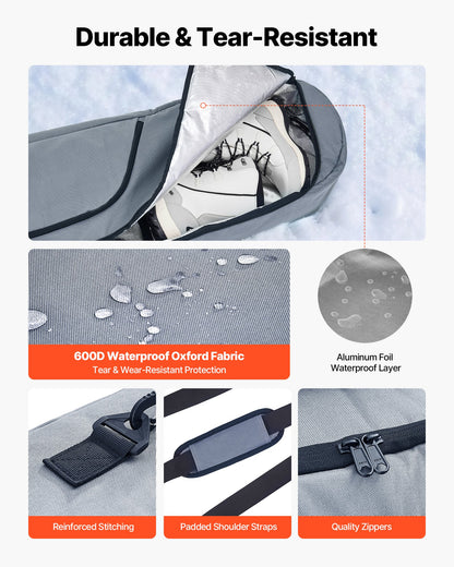 Snowboard Bag, Up to 65 in/165 cm, Padded Skis & Snowboards Bag for Air Travel, 600D Waterproof Oxford Fabric, with Adjustable Inner Straps, for Skis Poles Goggles Gloves Helmet Boots (Gray)