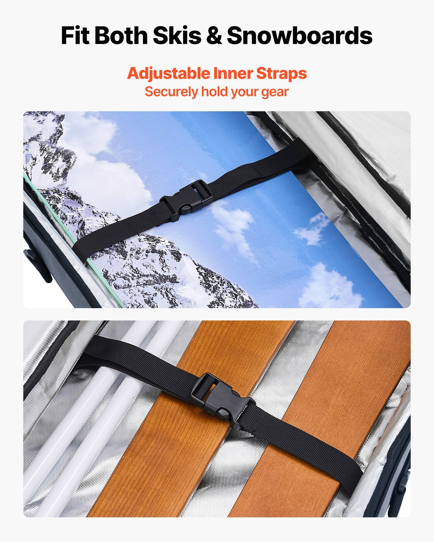 Snowboard Bag, Up to 65 in/165 cm, Padded Skis & Snowboards Bag for Air Travel, 600D Waterproof Oxford Fabric, with Adjustable Inner Straps, for Skis Poles Goggles Gloves Helmet Boots (Gray)