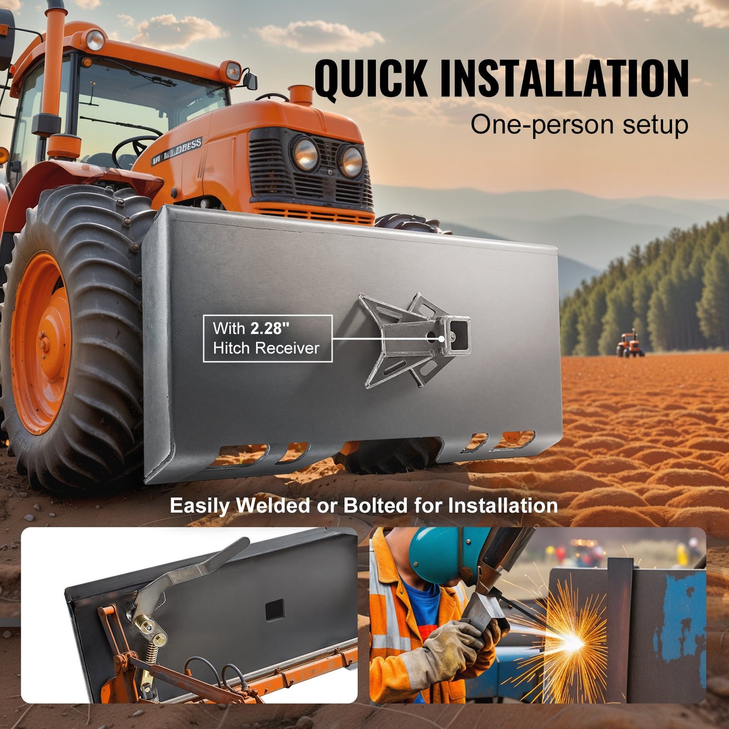 1/4"-Anbauplatte für Kompaktlader, Schnellwechselplatte für Lader, mit 2,28"-Anhängerkupplung, kompatibel mit Kompaktladern und Traktoren von Deere, Kubota, Bobcat und Mahindra