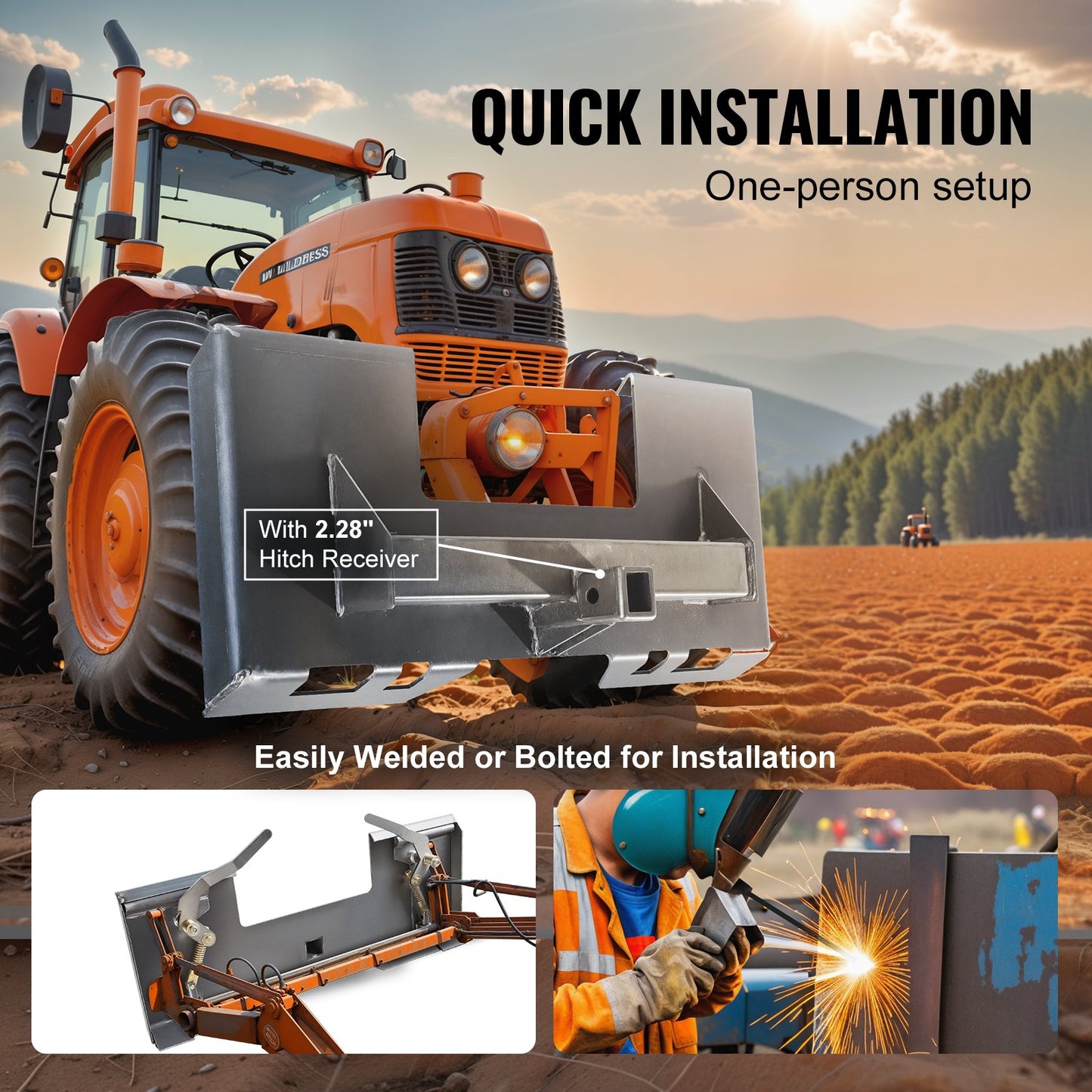 1/4"-Anbauplatte für Kompaktlader, Montageplatte für Kompaktlader mit 2,28"-Anhängerkupplung, Schnellwechselplatte für Lader, kompatibel mit Kompaktladern und Traktoren von Deere, Kubota, Bobcat und Mahindra