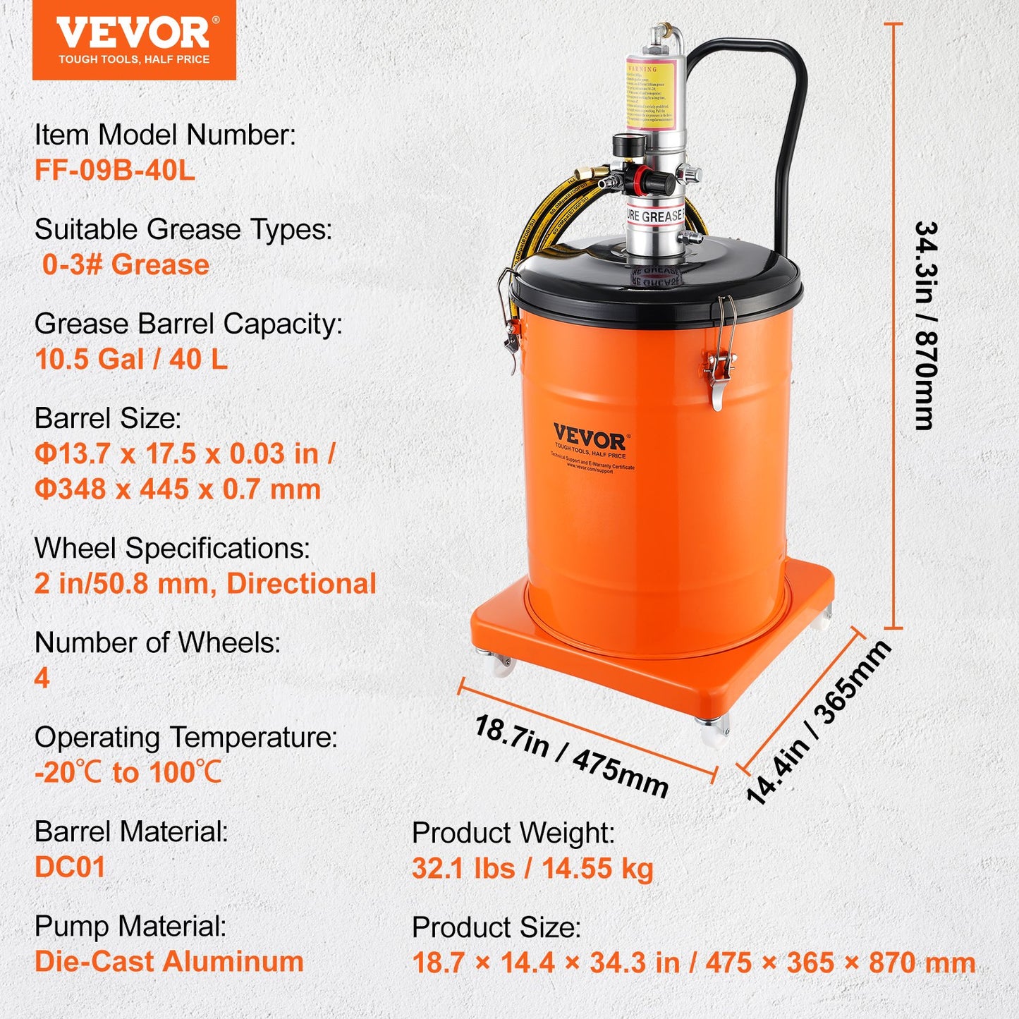 Grease Pump, 10.5 Gallon 40L Air Operated Grease Pump with 13 ft High Pressure Hose and Grease Gun, Pneumatic Grease Bucket Pump with Wheels, Portable Lubrication Grease Pump 50:1 Pressure Ratio