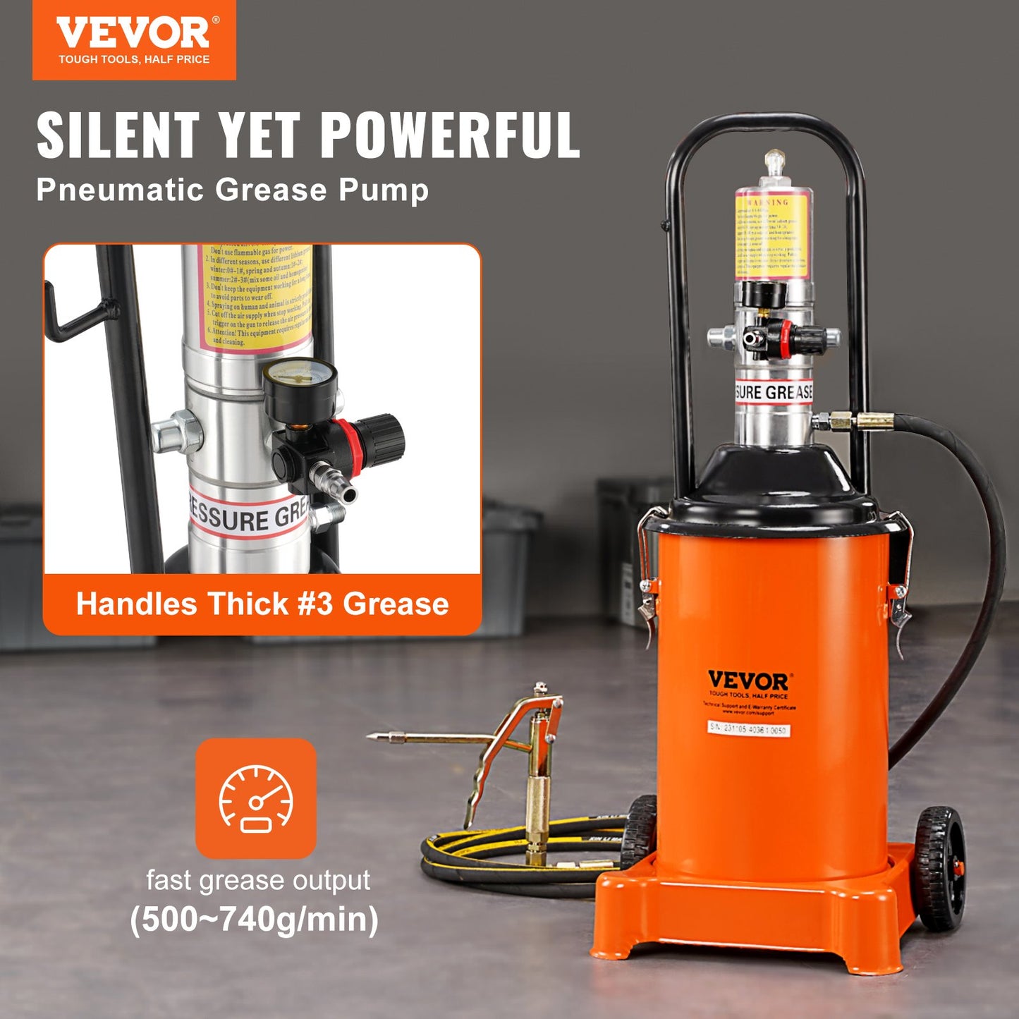 Grease Pump, 3 Gallon 12L, Air Operated Grease Pump with 13 ft High Pressure Hose and Grease Gun, Pneumatic Grease Bucket Pump with Wheels, Portable Lubrication Grease Pump 50:1 Pressure Ratio