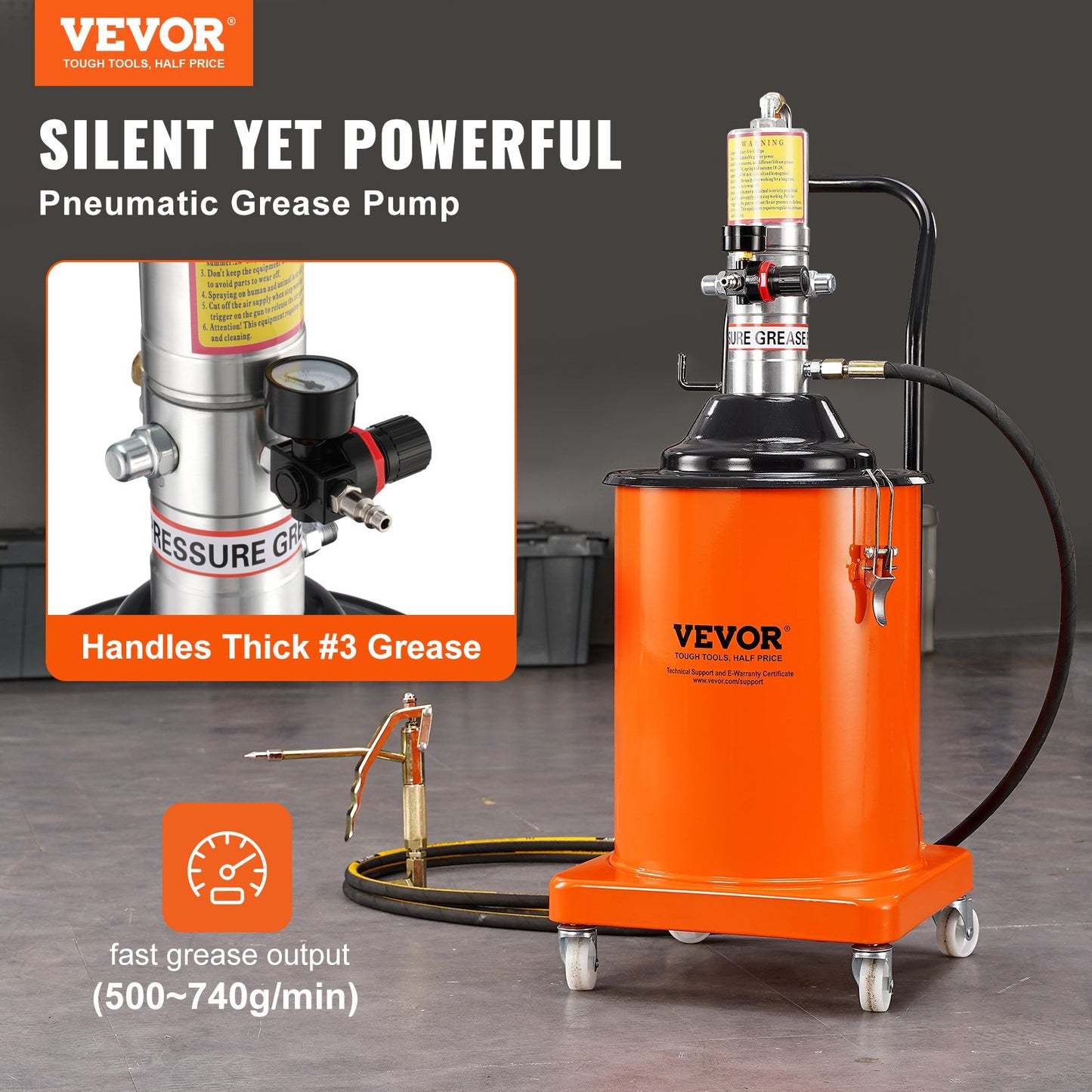 Grease Pump, 5 Gallon 20L, Air Operated Grease Pump with 13 ft High Pressure Hose and Grease Gun, Pneumatic Grease Bucket Pump with Wheels, Portable Lubrication Grease Pump 50:1 Pressure Ratio