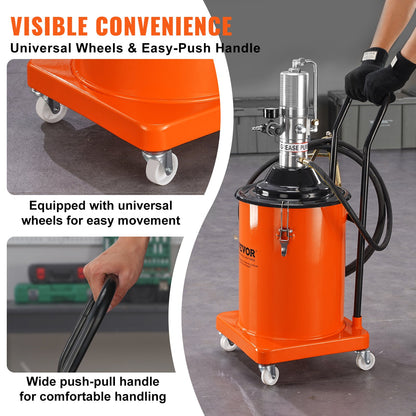 Grease Pump, 5 Gallon 20L, Air Operated Grease Pump with 13 ft High Pressure Hose and Grease Gun, Pneumatic Grease Bucket Pump with Wheels, Portable Lubrication Grease Pump 50:1 Pressure Ratio