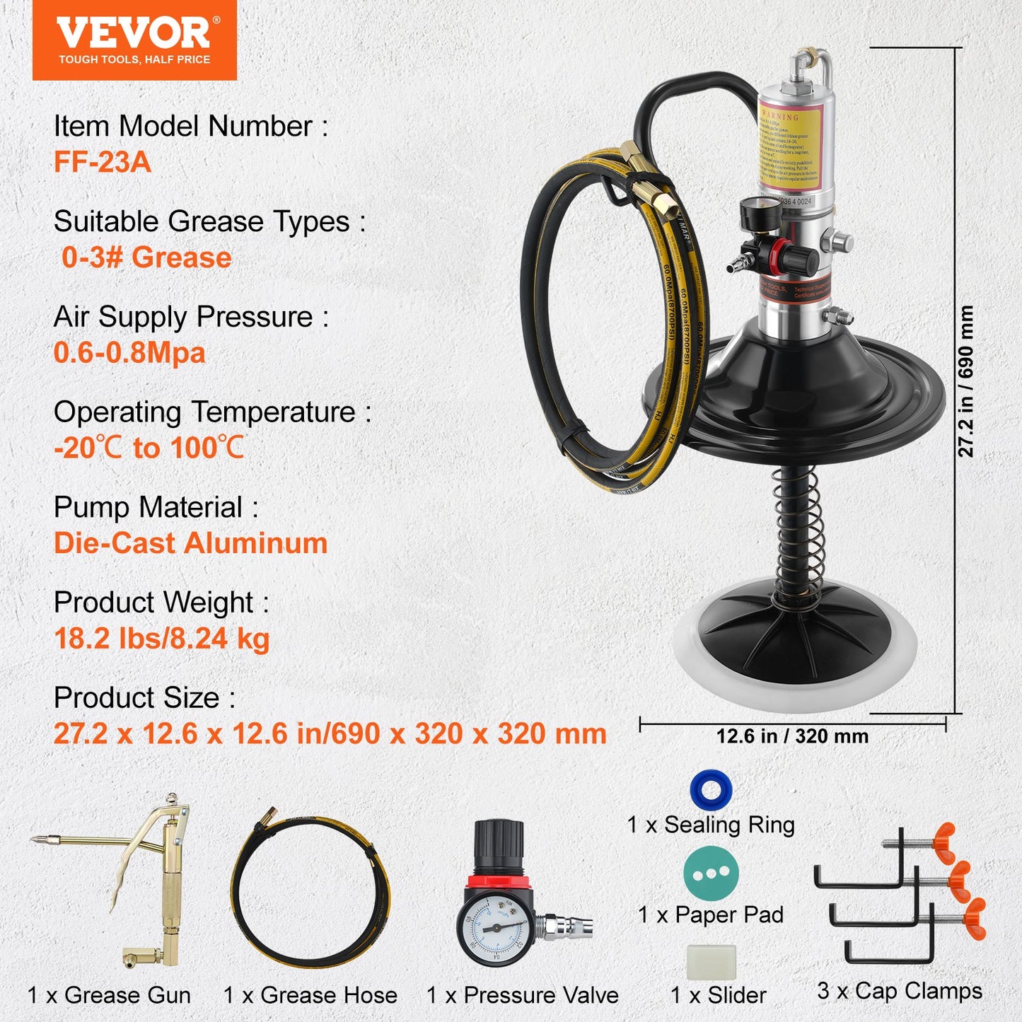 Grease Pump, 50:1 Pressure Ratio Air Operated Grease Pump with 13 ft High Pressure Hose and Grease Gun, Pneumatic Grease Pump with Barrel Cap, Portable Lubrication Grease Pump 360° Gun Head