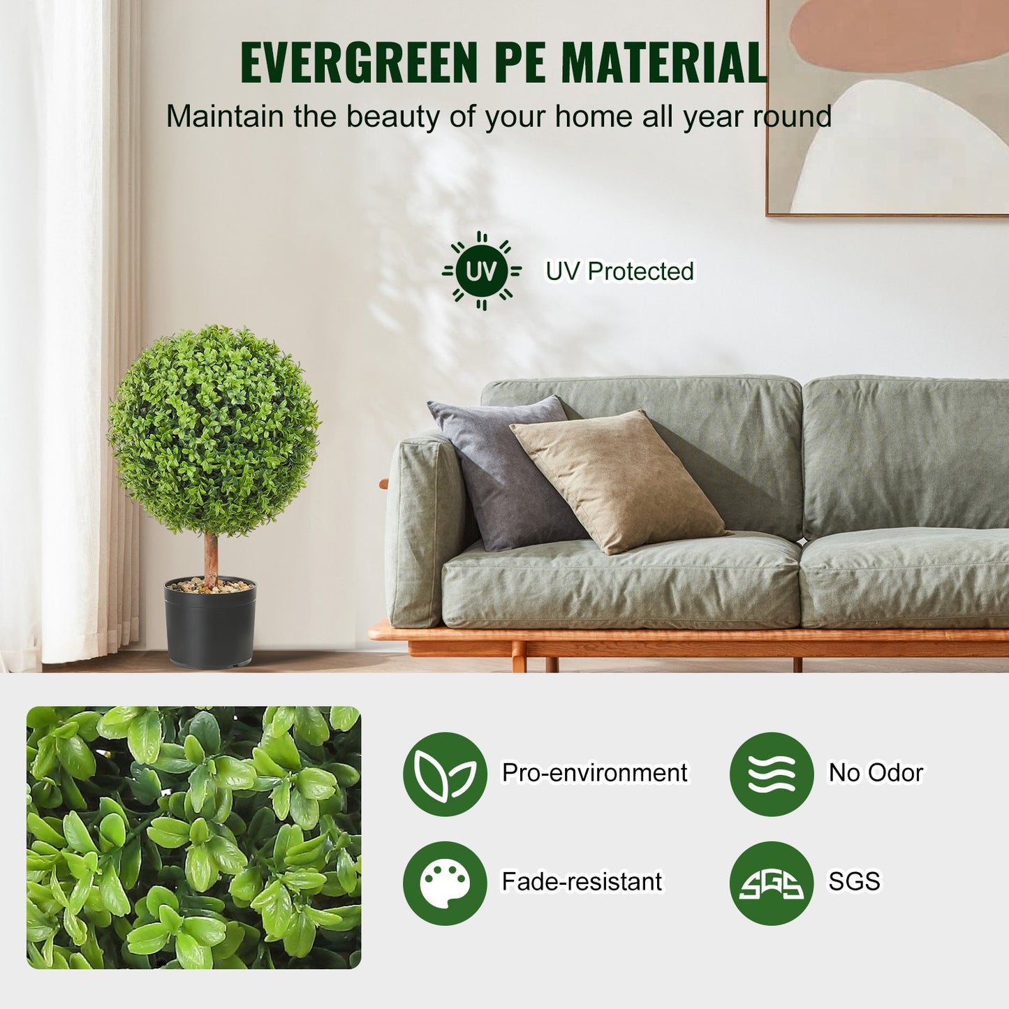 Künstliche Buchsbaum-Kugelformen, 61 cm hoch (2 Stück), kugelförmige Kunstpflanze mit Pflanzgefäßen, grüne Kunstpflanze mit austauschbaren Blättern und Topf für die Dekoration im Innen- und Außenbereich/Garten