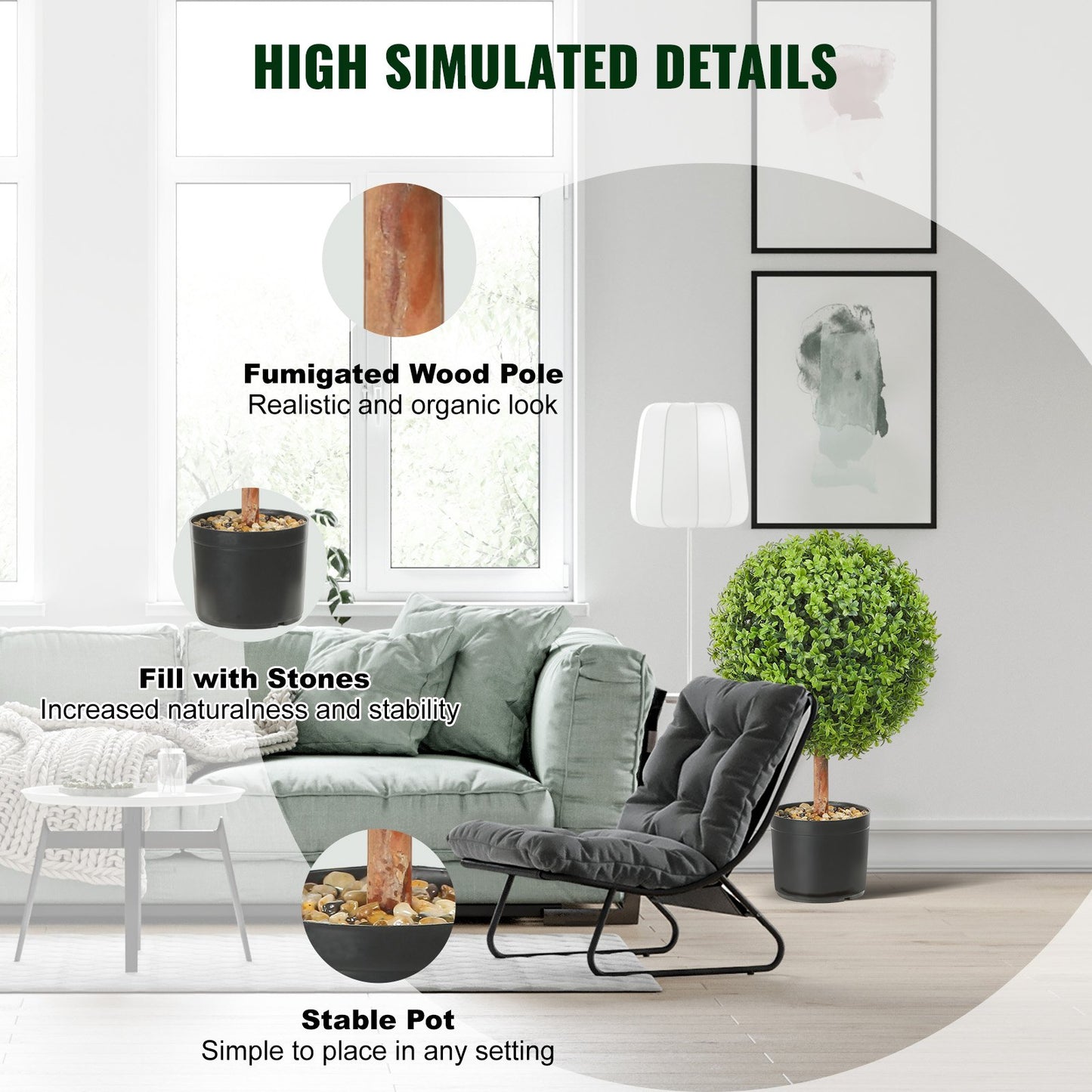 Künstliche Buchsbaum-Kugelformen, 61 cm hoch (2 Stück), kugelförmige Kunstpflanze mit Pflanzgefäßen, grüne Kunstpflanze mit austauschbaren Blättern und Topf für die Dekoration im Innen- und Außenbereich/Garten