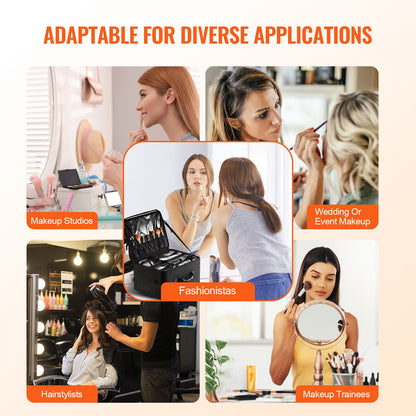 Rolling Makeup Train Case Large Storage 3 Tiers, Convenient Carry With Handle, Wheels, Strap, Professional Makeup Storage Organizer Box Make Up Carrier Waterproof Oxford, Black