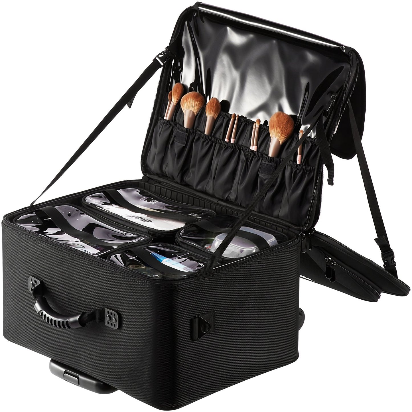 Rolling Makeup Train Case Large Storage 3 Tiers, Convenient Carry With Handle, Wheels, Strap, Professional Makeup Storage Organizer Box Make Up Carrier Waterproof Oxford, Black