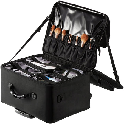 Rolling Makeup Train Case Large Storage 3 Tiers, Convenient Carry With Handle, Wheels, Strap, Professional Makeup Storage Organizer Box Make Up Carrier Waterproof Oxford, Black