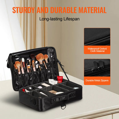 Makeup Train Case Large Storage 3 Tiers, Convenient Carry With Handle, Strap, Professional Waterproof Oxford Makeup Storage Organizer Box, Heavy Duty Make Up Carrier, Black