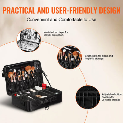 Makeup Train Case Large Storage 3 Tiers, Convenient Carry With Handle, Strap, Professional Waterproof Oxford Makeup Storage Organizer Box, Heavy Duty Make Up Carrier, Black