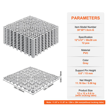 Interlocking Drainage Floor Mat 30.5 x 30.5 cm PVC Non-Slip Floor Tiles 12 Pack