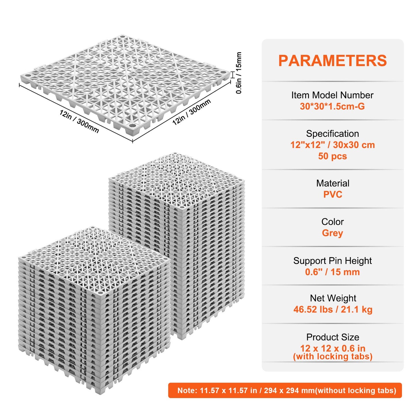 Modulare Klick-Drainagematten, 50er-Pack (30 x 30 cm), weiche PVC-Klick-Drainagefliesen, rutschfeste Abflusslöcher für WC, Badezimmer, Küche, Pool, Nassbereiche, Grau