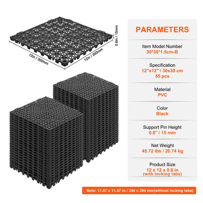 Modular Interlocking Cushion, 55 Pack 30 x 30 cm Splicing Drainage Mats, Soft PVC Interlocking Drainage Floor Tiles, Non-Slip Drainage Holes for Restroom, Bathroom, Kitchen, Pool, Wet, Black