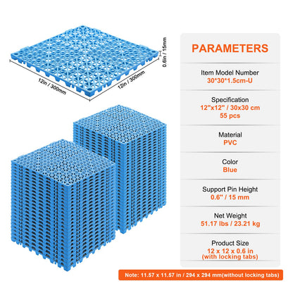 Modular Interlocking Cushion, 55 Pack 30 x 30 cm Splicing Drainage Mats, Soft PVC Interlocking Drainage Floor Tiles, Non-Slip Drainage Holes for Restroom, Bathroom, Kitchen, Pool, Wet Area, Blue