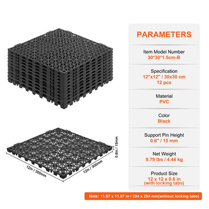 Ineinandergreifende Drainage-Bodenmatte 30,5 x 30,5 cm, rutschfeste PVC-Bodenfliesen, 12er-Pack