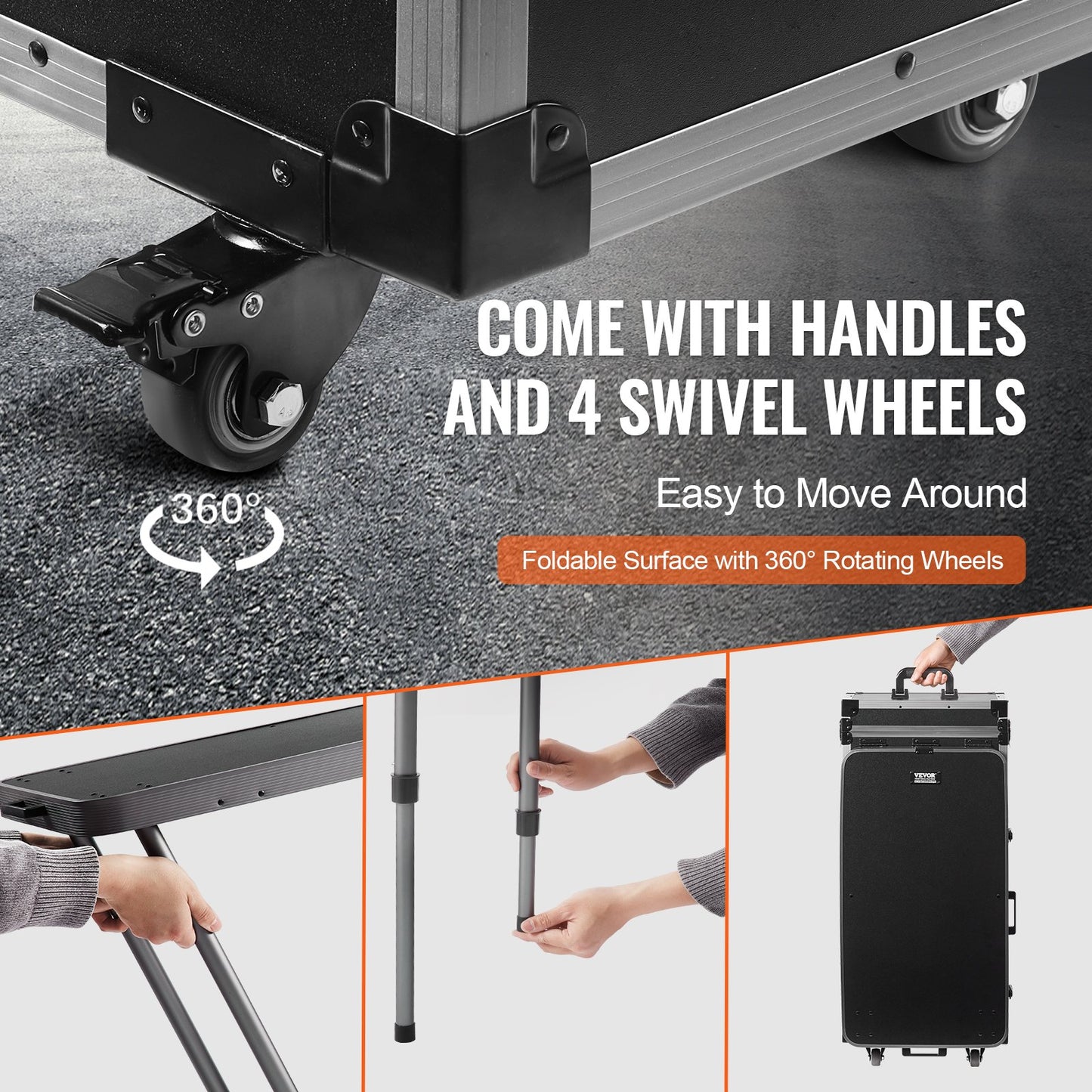 Professioneller Kosmetikkoffer aus Aluminium, Werkbank mit Stützbeinen, extra großer Rollkoffer, Reise-Organizer mit 360°-Drehrollen, Schwarz