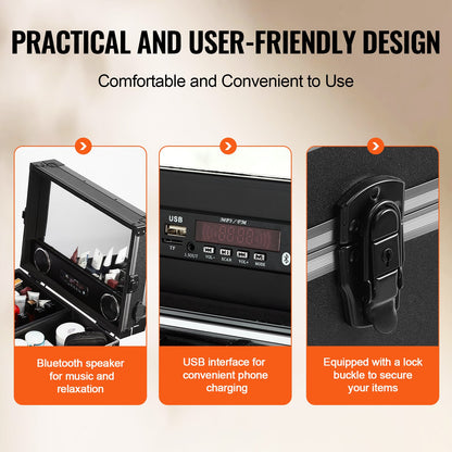 Professioneller Kosmetikkoffer aus Aluminium, Werkbank mit Stützbeinen, extra großer Rollkoffer, Reise-Organizer mit 360°-Drehrollen, Schwarz