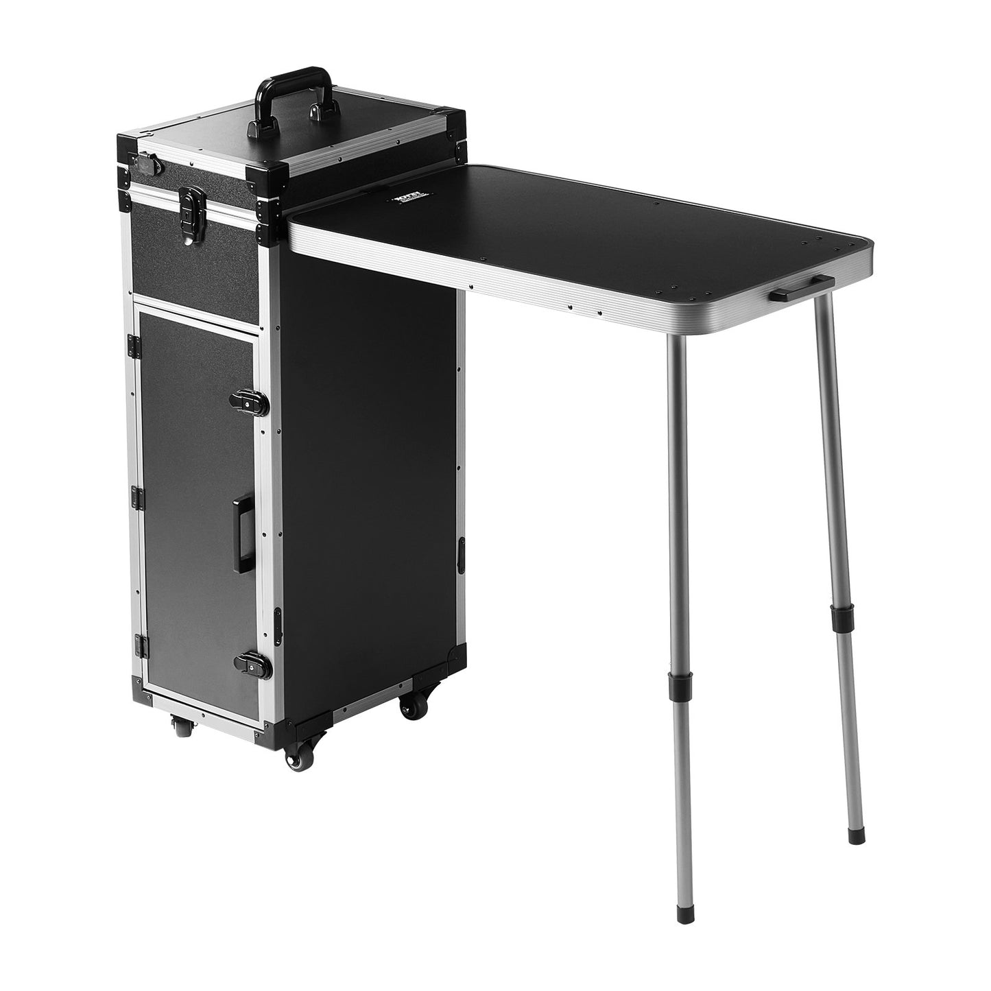 Professioneller Kosmetikkoffer aus Aluminium, Werkbank mit Stützbeinen, extra großer Rollkoffer, Reise-Organizer mit 360°-Drehrollen, Schwarz