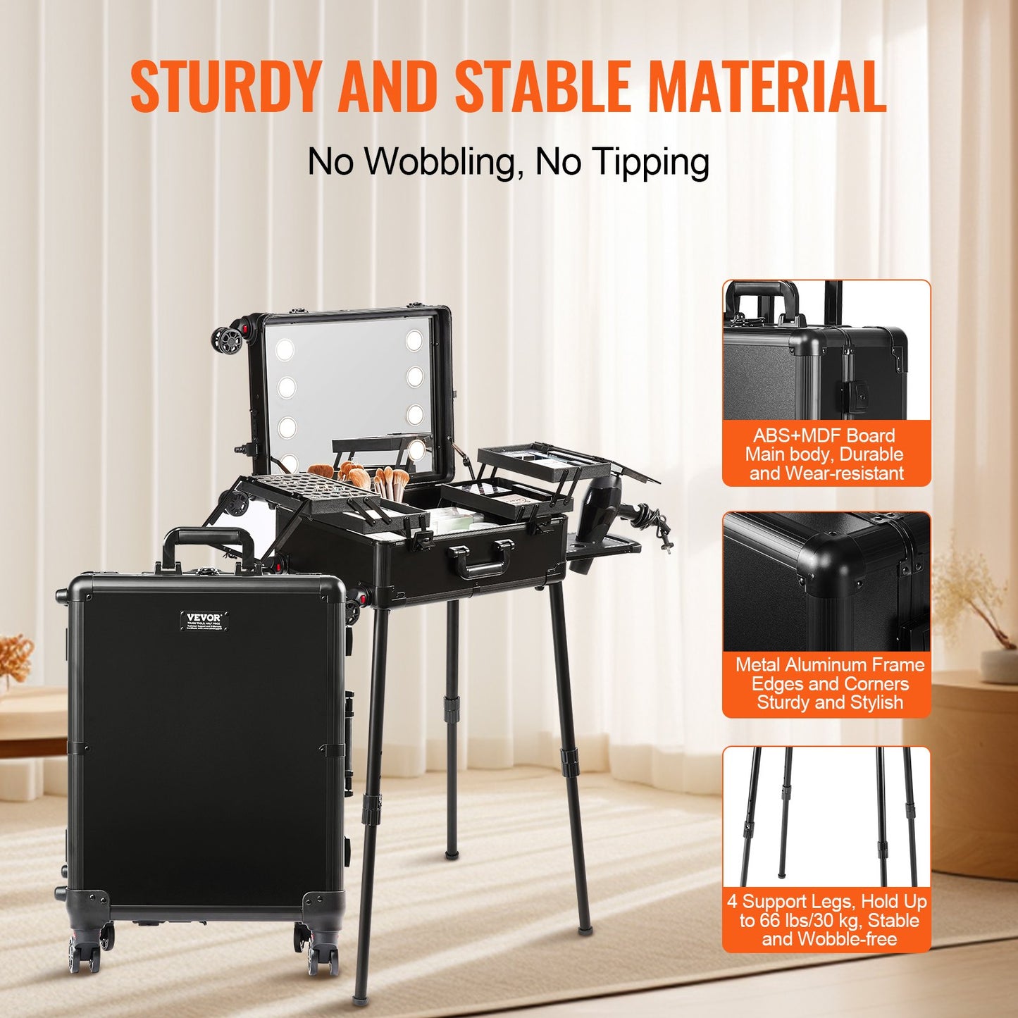 Makeup Train Case with Lock, Lighted Mirror, 4 Storage Trays, Brush Holder, Travel Cosmetic Organizer Box w/ Swivel Wheels, Professional Artist Trolley Studio Free Standing Case