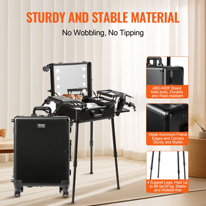 Makeup Train Case with Lock, Lighted Mirror, 4 Storage Trays, Brush Holder, Travel Cosmetic Organizer Box w/ Swivel Wheels, Professional Artist Trolley Studio Free Standing Case