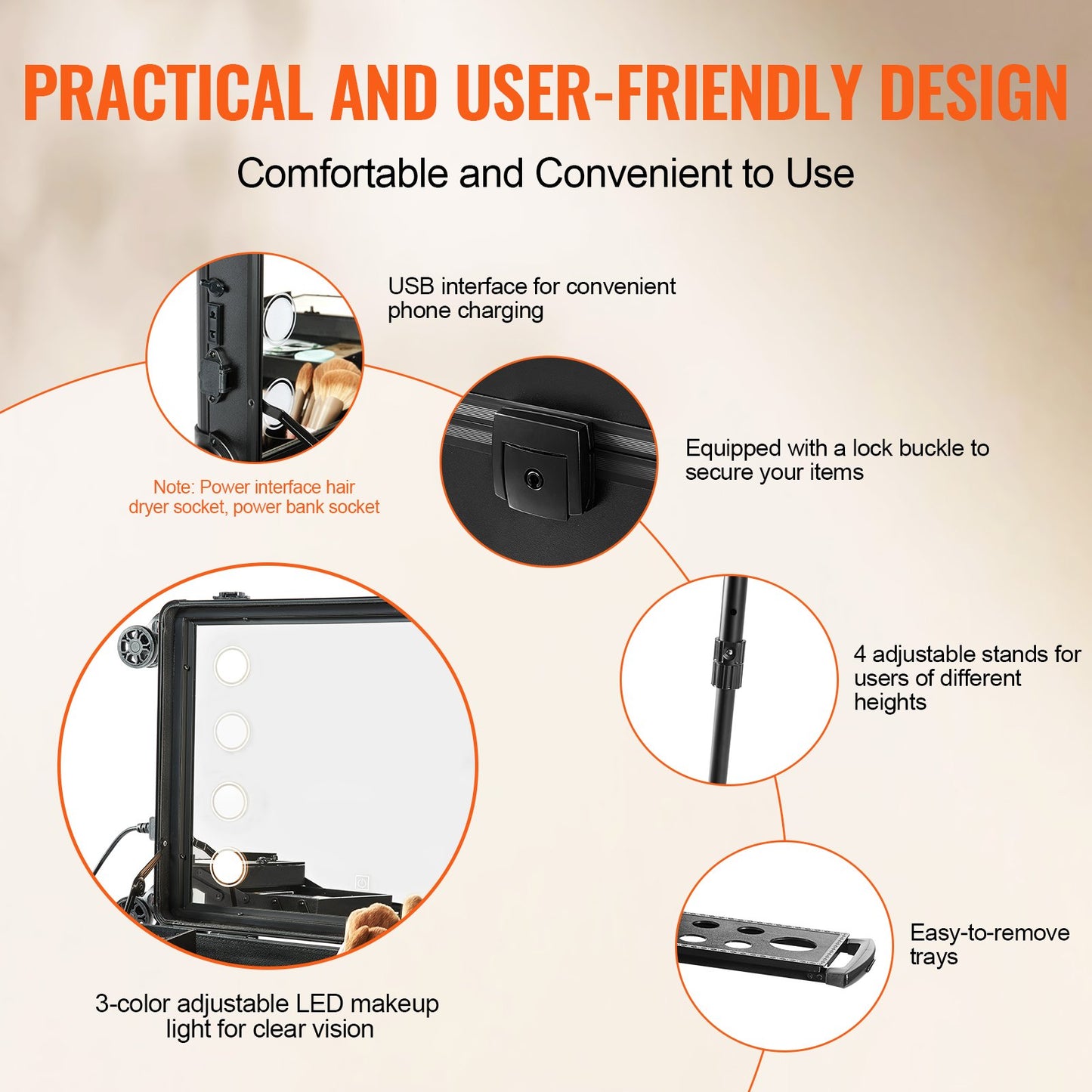 Makeup Train Case with Lock, Lighted Mirror, 4 Storage Trays, Brush Holder, Travel Cosmetic Organizer Box w/ Swivel Wheels, Professional Artist Trolley Studio Free Standing Case