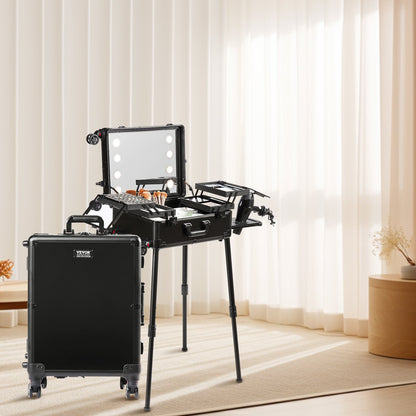 Makeup Train Case with Lock, Lighted Mirror, 4 Storage Trays, Brush Holder, Travel Cosmetic Organizer Box w/ Swivel Wheels, Professional Artist Trolley Studio Free Standing Case