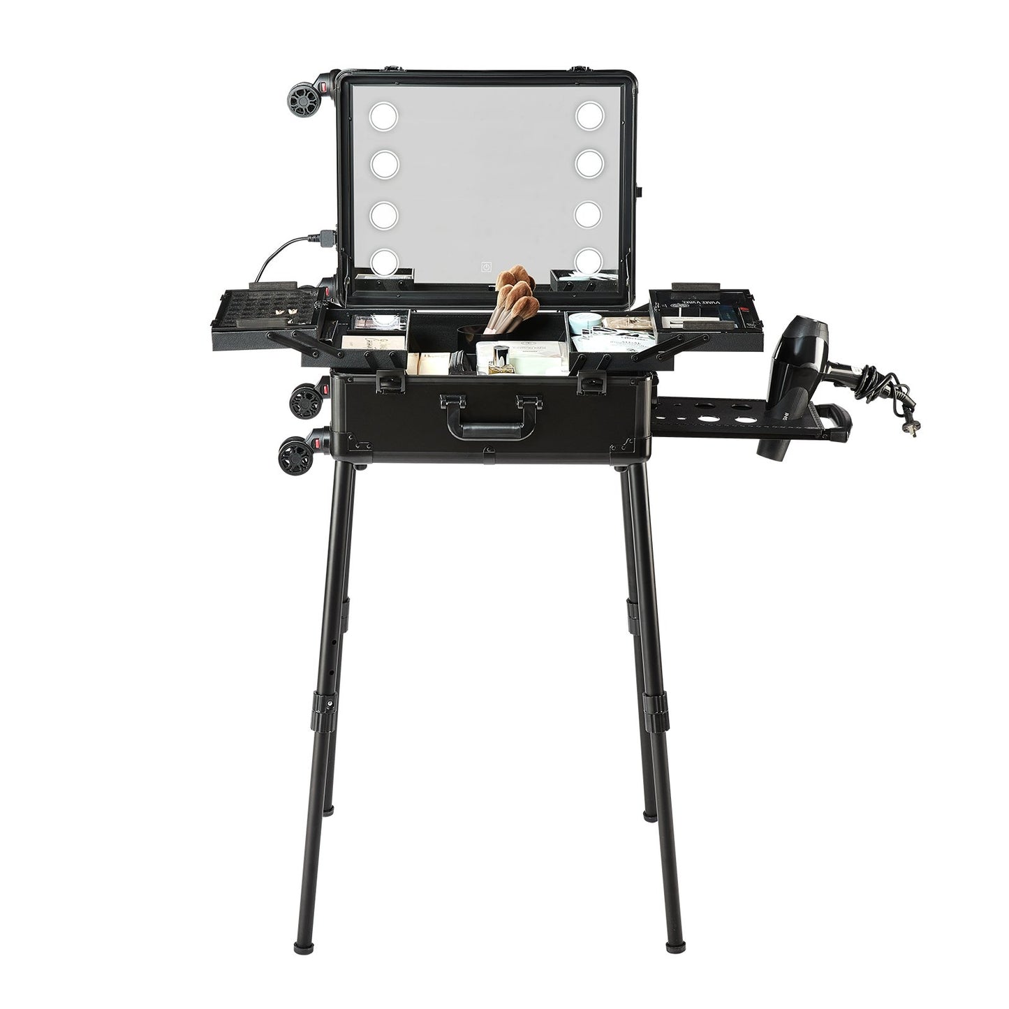 Makeup Train Case with Lock, Lighted Mirror, 4 Storage Trays, Brush Holder, Travel Cosmetic Organizer Box w/ Swivel Wheels, Professional Artist Trolley Studio Free Standing Case