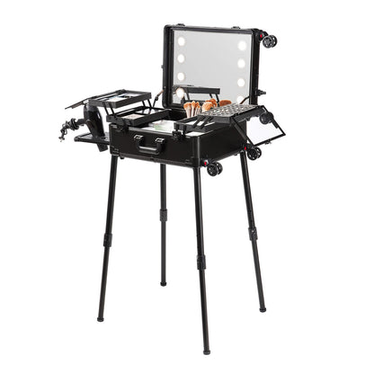 Makeup Train Case with Lock, Lighted Mirror, 4 Storage Trays, Brush Holder, Travel Cosmetic Organizer Box w/ Swivel Wheels, Professional Artist Trolley Studio Free Standing Case