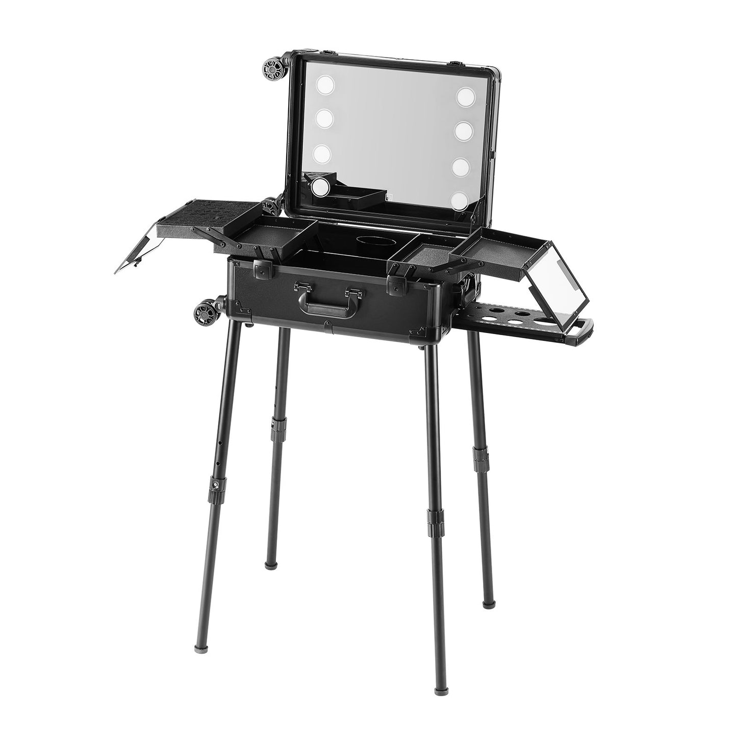 Makeup Train Case with Lock, Lighted Mirror, 4 Storage Trays, Brush Holder, Travel Cosmetic Organizer Box w/ Swivel Wheels, Professional Artist Trolley Studio Free Standing Case