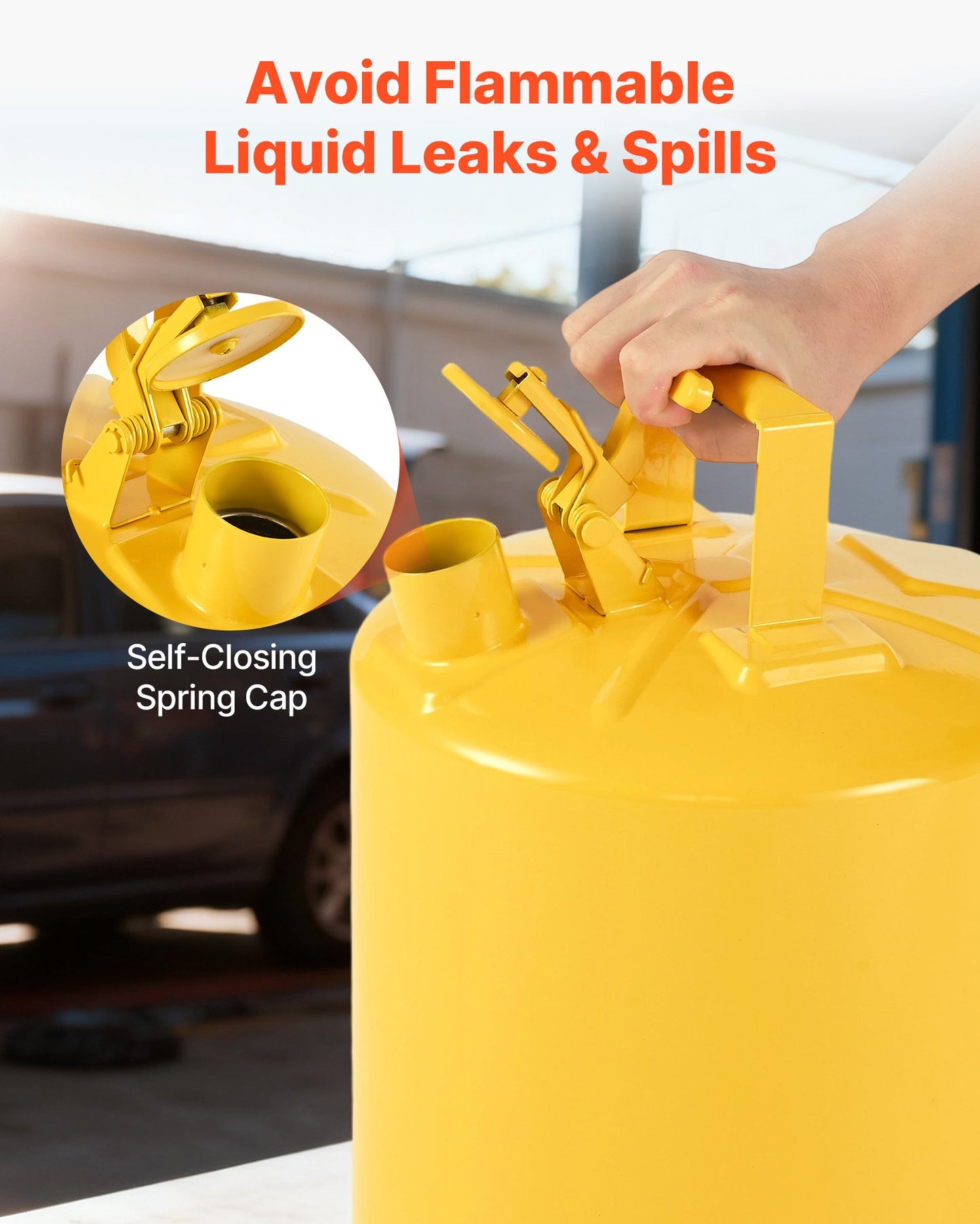Sicherheitskanister, 19 l, Typ I, gelb, für Dieselkraftstoff, mit Edelstahl-Flammendurchschlagsicherung, selbstschließendem Deckel und PE-Trichter; Behälter aus Kohlenstoffstahl für brennbare Kraftstoffe mit ergonomischem Griff