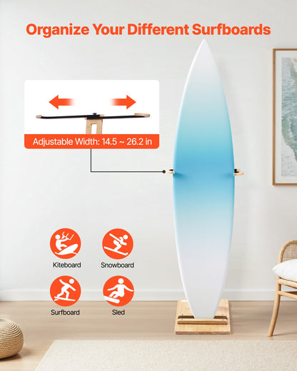 Vertical Surfboard Stand, Wooden Surfboard Rack for Storage and Display, Adjustable & Freestanding Board Stand Organizer with Padding, for Wakeboards, Snowboards, Kiteboards, Shortboard, Skis