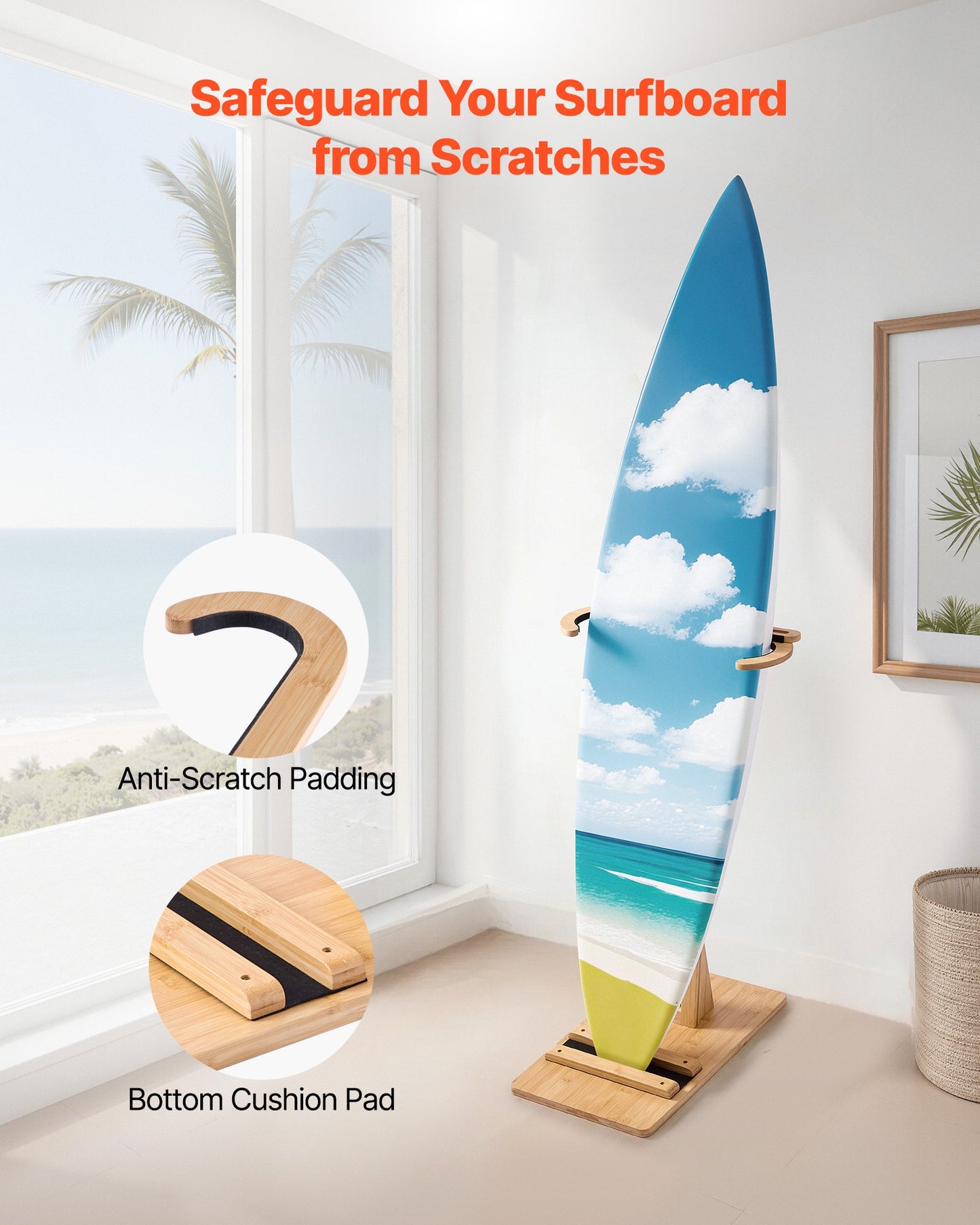 Vertical Surfboard Stand, Wooden Surfboard Rack for Storage and Display, Adjustable & Freestanding Board Stand Organizer with Padding, for Wakeboards, Snowboards, Kiteboards, Shortboard, Skis