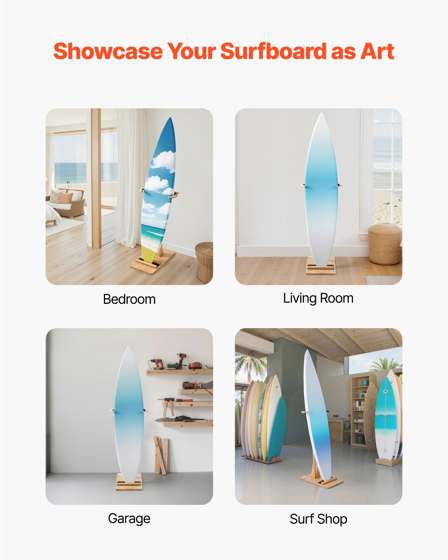 Vertical Surfboard Stand, Wooden Surfboard Rack for Storage and Display, Adjustable & Freestanding Board Stand Organizer with Padding, for Wakeboards, Snowboards, Kiteboards, Shortboard, Skis