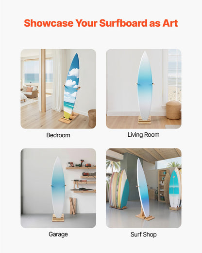Vertical Surfboard Stand, Wooden Surfboard Rack for Storage and Display, Adjustable & Freestanding Board Stand Organizer with Padding, for Wakeboards, Snowboards, Kiteboards, Shortboard, Skis