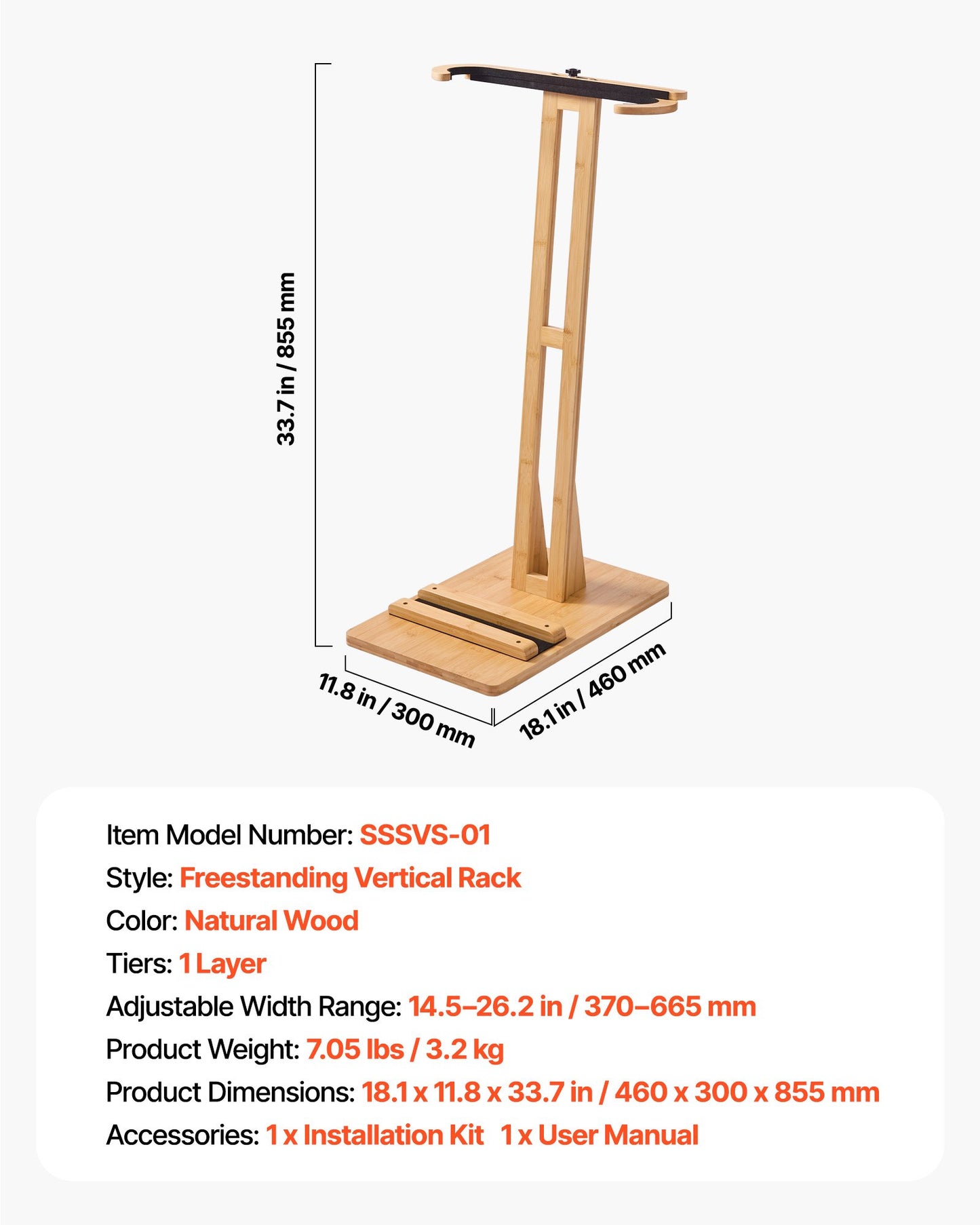Vertical Surfboard Stand, Wooden Surfboard Rack for Storage and Display, Adjustable & Freestanding Board Stand Organizer with Padding, for Wakeboards, Snowboards, Kiteboards, Shortboard, Skis