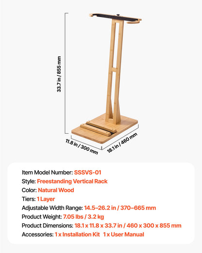 Vertical Surfboard Stand, Wooden Surfboard Rack for Storage and Display, Adjustable & Freestanding Board Stand Organizer with Padding, for Wakeboards, Snowboards, Kiteboards, Shortboard, Skis