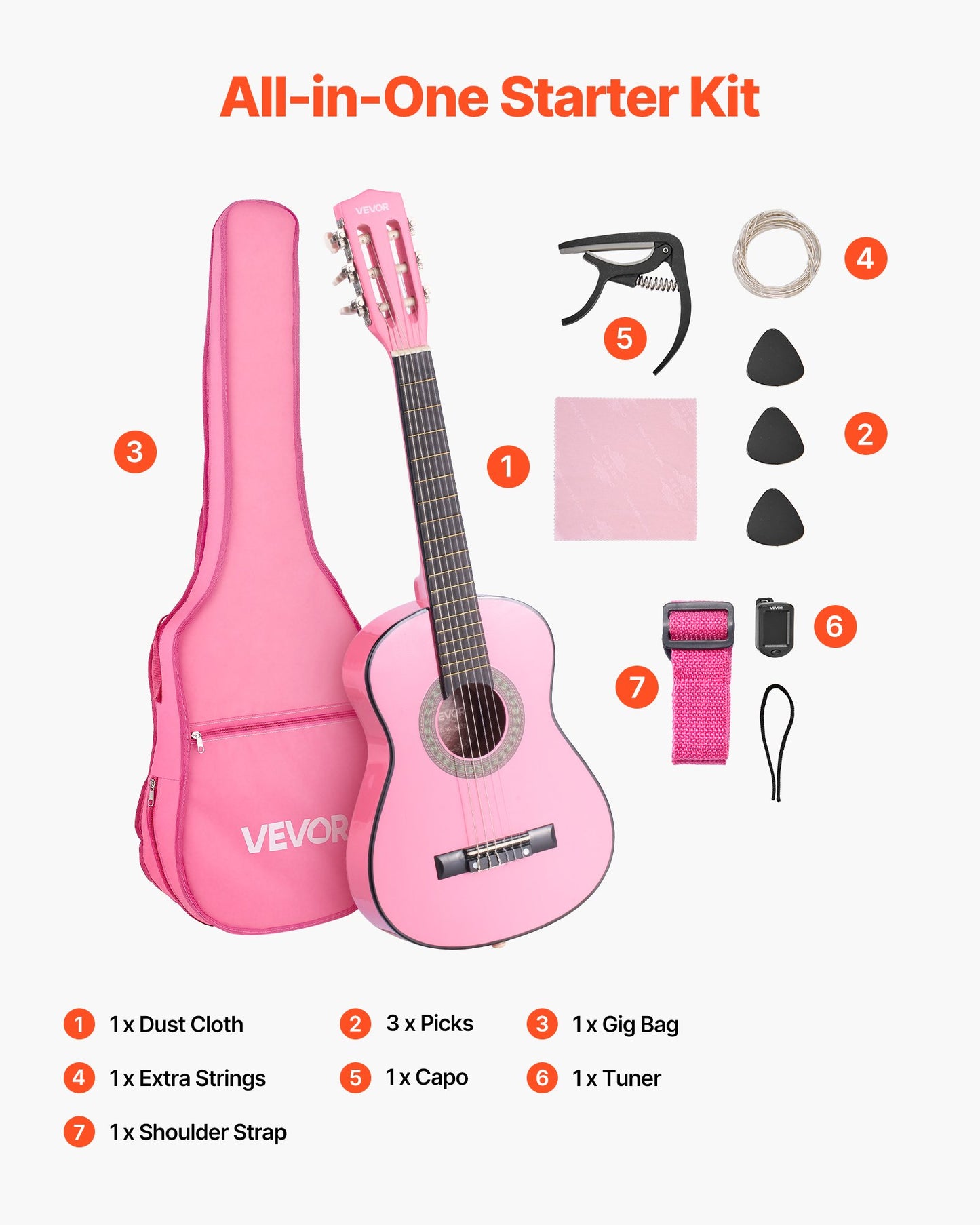 Klassische Gitarre, 780 mm, Holz, Starterset für Anfänger, mit Nylonsaiten, Gigbag, Gurt, Stimmgerät, Ersatzsaiten, Plektren, Kapodaster, Lindenholz, für Kinder, Mädchen, Jungen und Schüler, Rosa