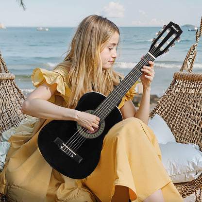 Klassische Gitarre, 780 mm, Holz, Starterset für Anfänger, mit Nylonsaiten, Gigbag, Gurt, Stimmgerät, Ersatzsaiten, Plektren, Kapodaster, Lindenholz, für Kinder, Mädchen, Jungen und Schüler, Schwarz