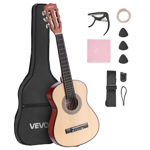 Klassische Gitarre, 780 mm, Holz, Starterset für Anfänger, mit Nylonsaiten, Gigbag, Gurt, Stimmgerät, Ersatzsaiten, Plektren, Kapodaster, Lindenholz, für Kinder, Mädchen, Jungen und Schüler, Natur
