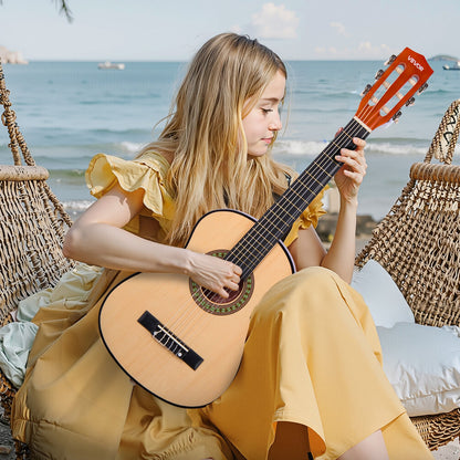 Klassische Gitarre, 780 mm, Holz, Starterset für Anfänger, mit Nylonsaiten, Gigbag, Gurt, Stimmgerät, Ersatzsaiten, Plektren, Kapodaster, Lindenholz, für Kinder, Mädchen, Jungen und Schüler, Natur