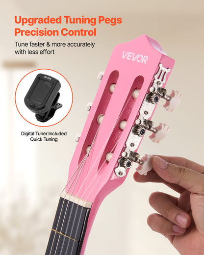 Klassische Gitarre, 960 mm, Holz, Starterset für Anfänger, mit Nylonsaiten, Gigbag, Gurt, Stimmgerät, Ersatzsaiten, Plektren, Kapodaster, Lindenholz, für Jugendliche, Erwachsene und Schüler, Rosa