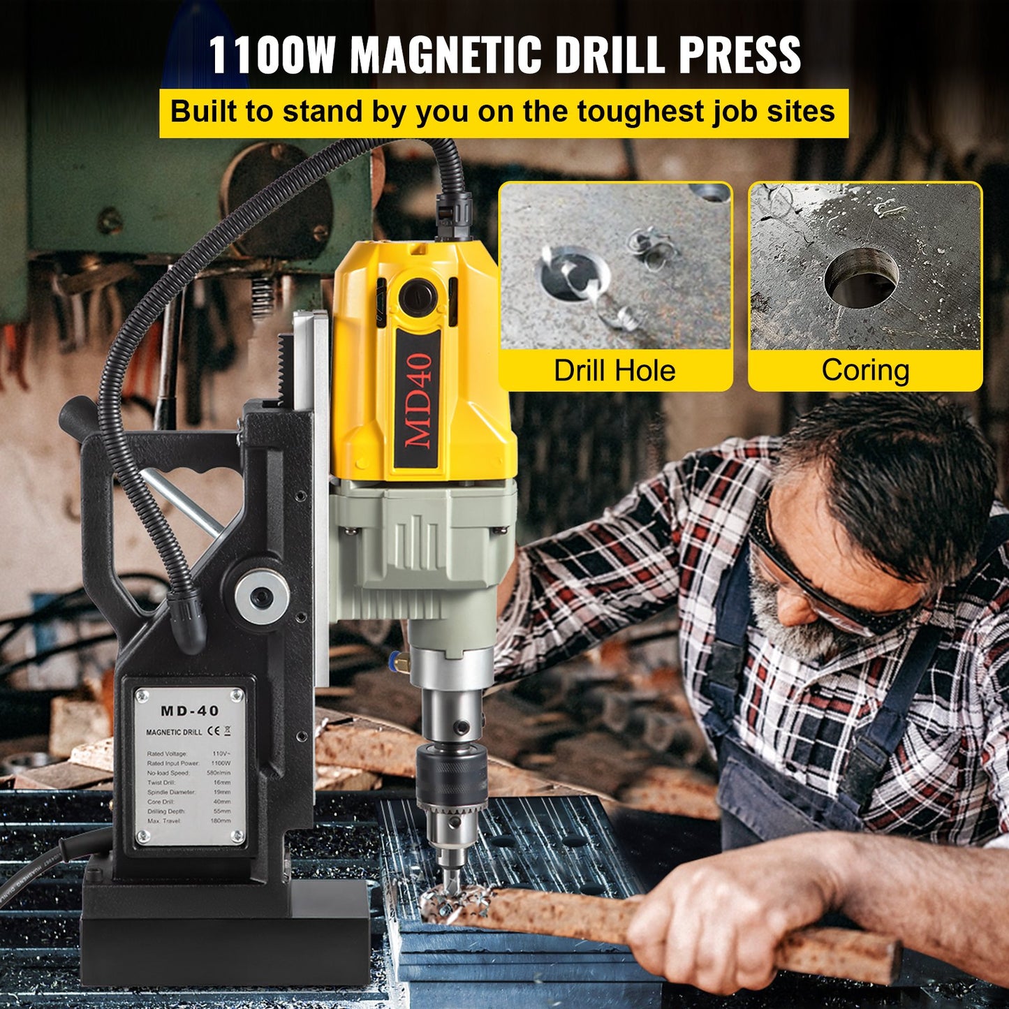 Magnetic Drill, 1100W 4 cm Boring Diameter, 2697lbf/12000N Portable Electric Mag Drill Press with 12 Bits, 580 RPM Max Speed Drilling Machine for any Surface and Home Improvement