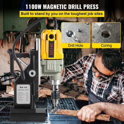 Magnetic Drill, 1100W 4 cm Boring Diameter, 2697lbf/12000N Portable Electric Mag Drill Press with 12 Bits, 580 RPM Max Speed Drilling Machine for any Surface and Home Improvement